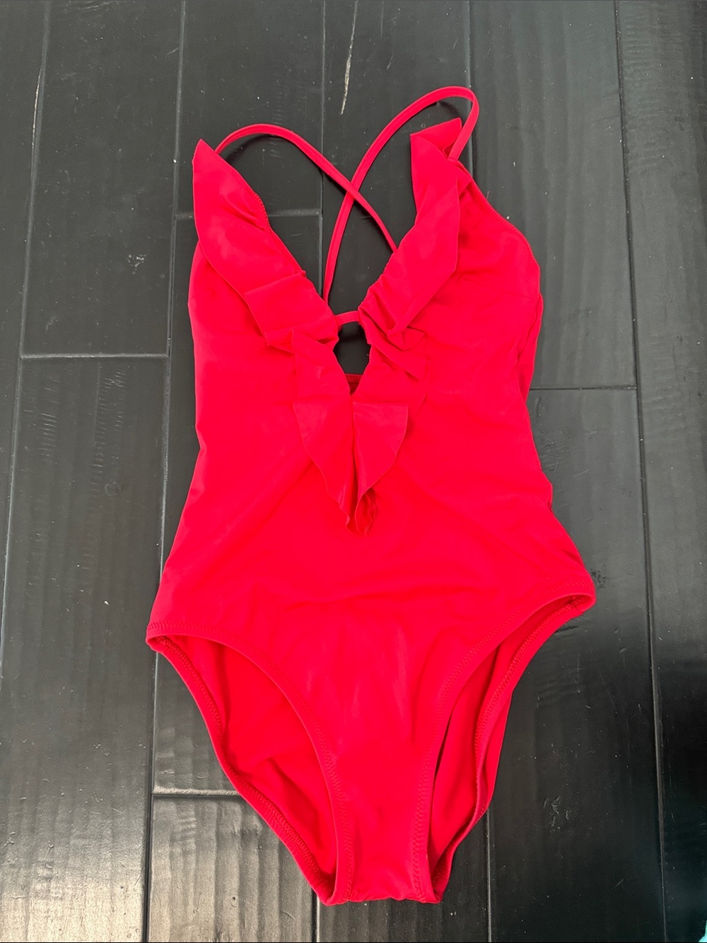 Ruffled Deep V One-Piece Swimsuit - Red